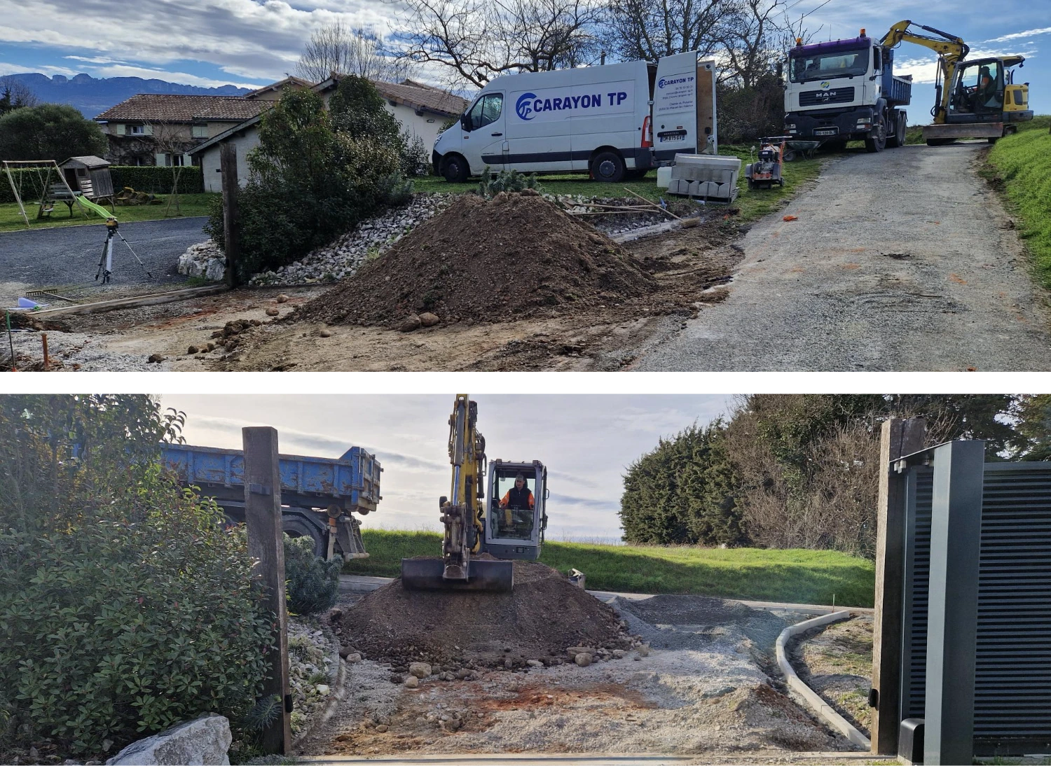 Entrée de maison avant travaux à Alixan avec chemin existant en terre devant le portail